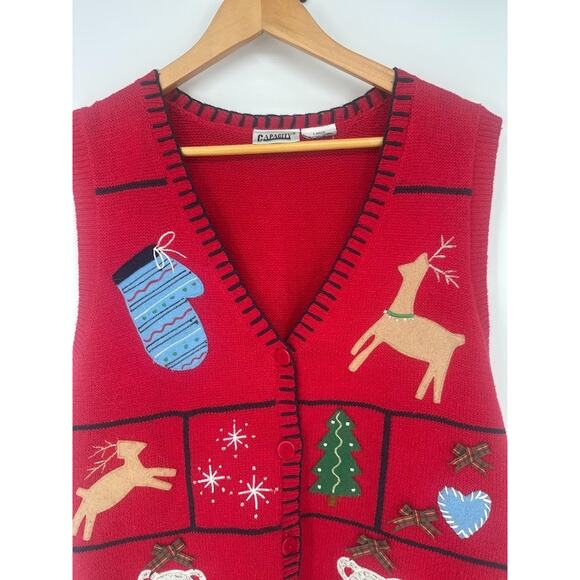 Capacity Brand Ugly Christmas Sweater Vest Womens Large Red Bears Tree Mittens - Picture 2 of 6